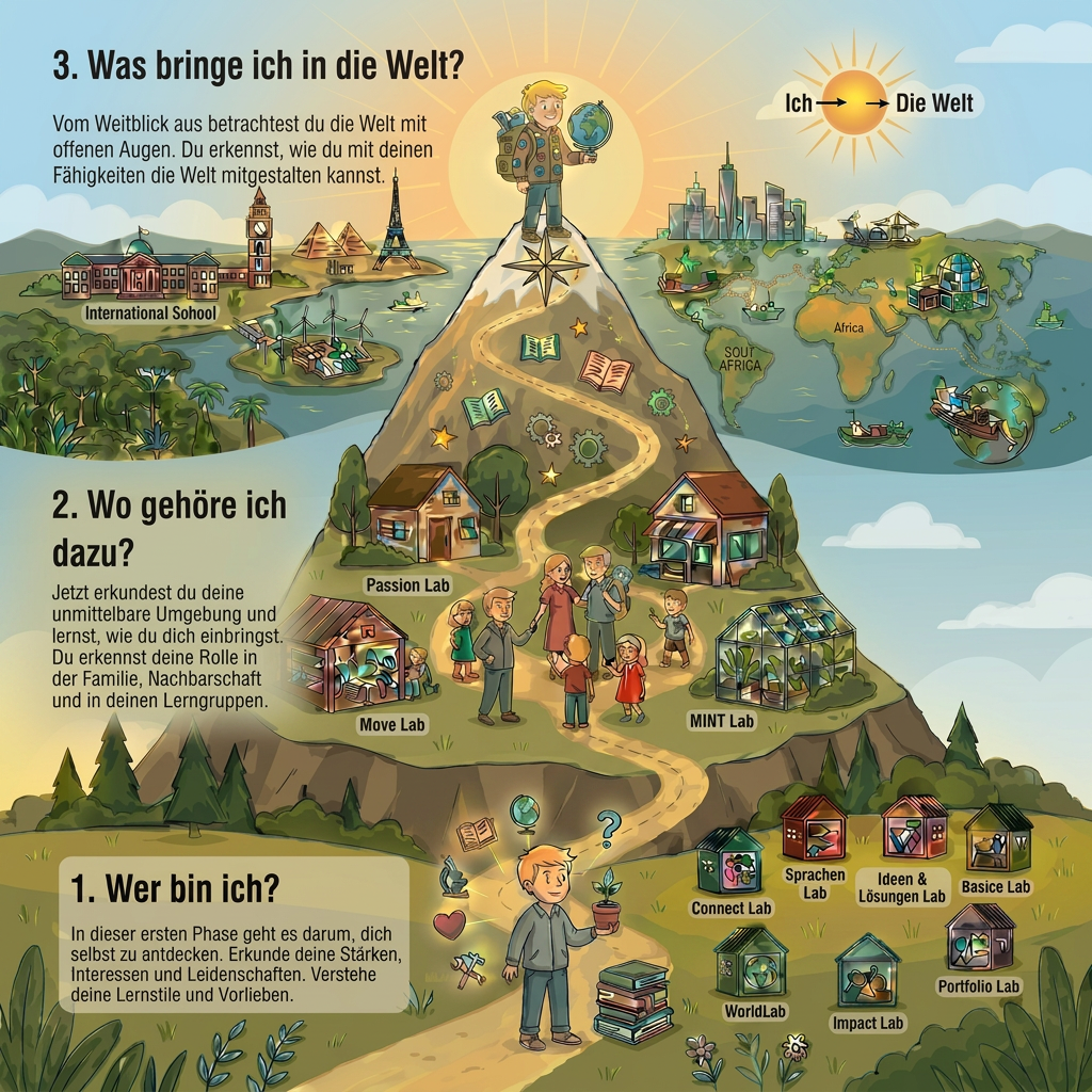 Illustrierte Lernreise: Phase 1 Wer bin ich, Phase 2 Wo gehöre ich dazu, Phase 3 Was bringe ich in die Welt – mit allen Learning Labs am Berg