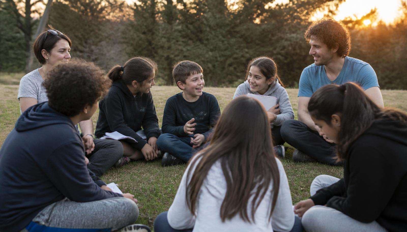 Kinder und Lernbegleitende sitzen im Kreis auf einer Wiese und tauschen sich aus