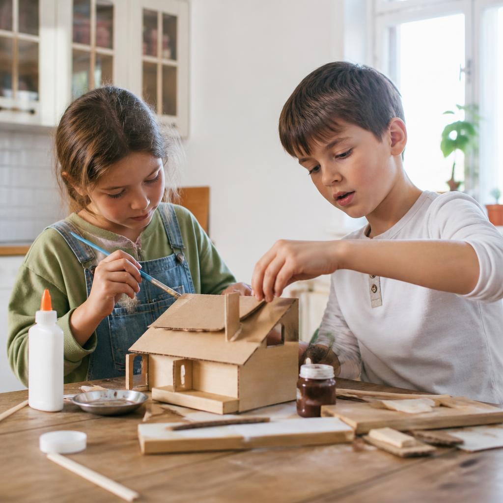 Zwei Kinder bauen gemeinsam ein Modellhaus aus Karton und Holz